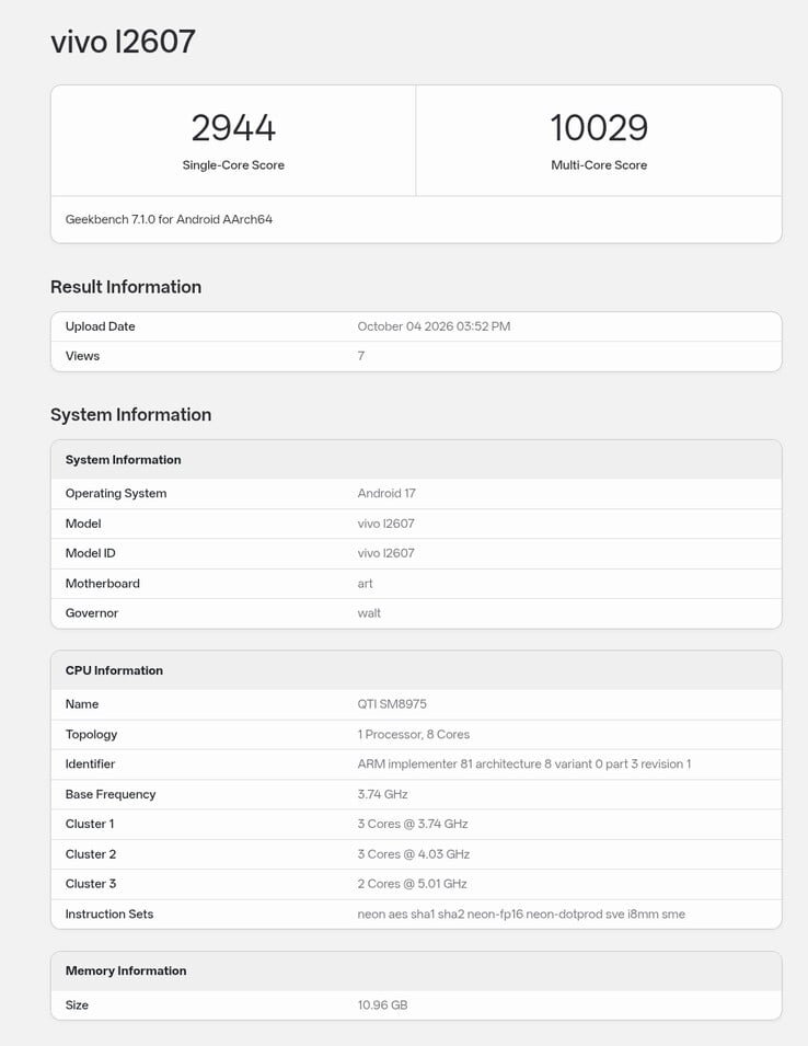 A listagem no Geekbench do iQOO 16 com firmware global