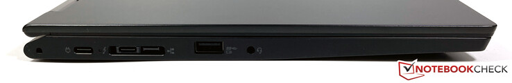 Esquerda: USB-C 3.2 Gen 2 (10 Gb/s, Power Delivery, DisplayPort 1.4), Lenovo Side Dock CS18 (USB-C com Thunderbolt 4 + Ethernet), USB-A 3.2 Gen 2 (sempre ligado), conector de áudio de 3.5 mm
