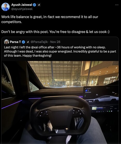 o funcionário da xAI, Parsa Tajik, afirmou ter trabalhado por 36 horas sem dormir. (Fonte da imagem: X)