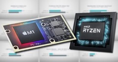 O Apple M1 SoC conseguiu vencer o AMD Ryzen 9 5900HX na maioria dos benchmarks. (Fonte da imagem: Apple/AMD/Max Tech - editado)