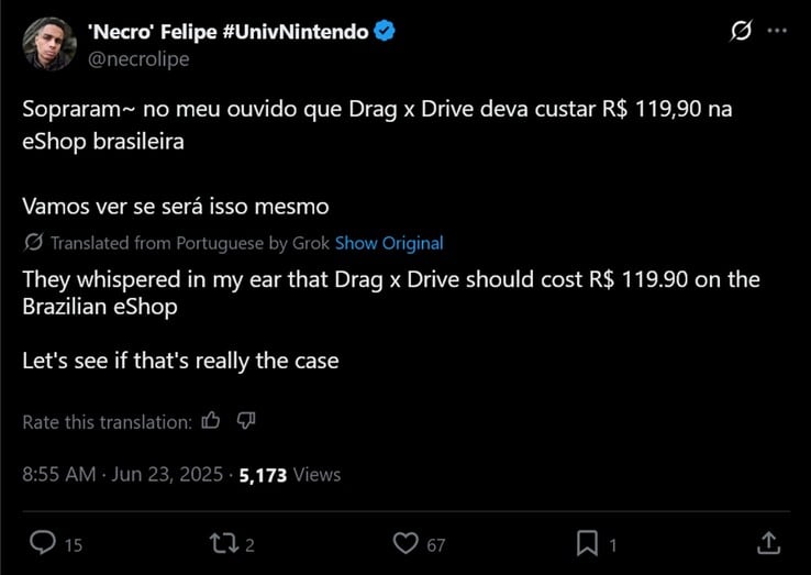 postagem de 'Necro Felipe' X sobre o preço do Drag x Drive (Fonte da imagem: conta de 'Necro' Felipe X)