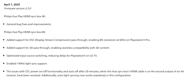 O registro de alterações da versão 2.5.0 do firmware para as caixas de sincronização HDMI Philips Hue Play. (Fonte da imagem: Philips Hue)