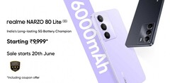 O Realme Narzo 80 Lite 5G vem nas opções de cores roxo cristal e preto ônix (Fonte da imagem: Realme)