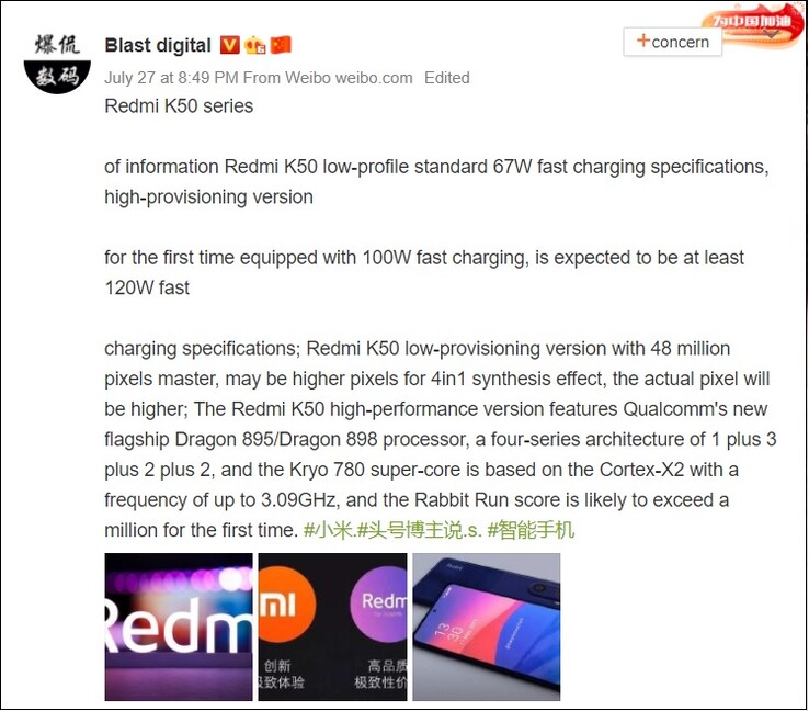 As especificações dos alegados Redmi K50 e K50 Pro. (Fonte da imagem: Weibo)