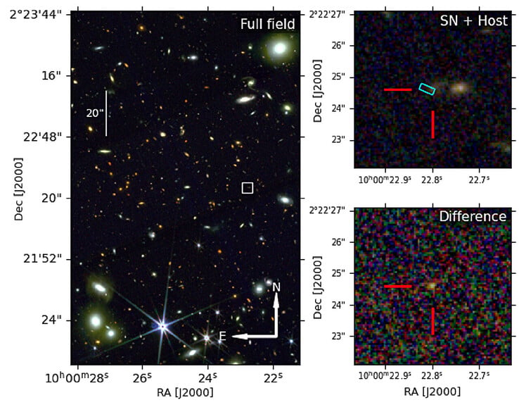 Uma imagem mostrando a localização da supernova e sua galáxia hospedeira.