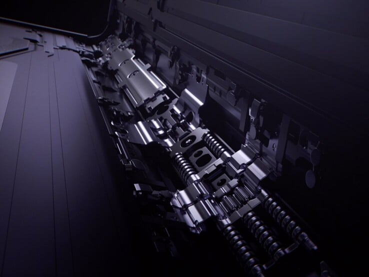 Close-up de uma dobradiça de smartphone dobrável com peças metálicas e molas, representando a engenharia do Apple iPhone Fold (Fonte da imagem: Oppo)