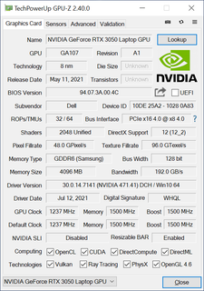 GeForce RTX 3050 GPU-Z extraído do Inspiron 16 7610 da Dell. Observe os cortes significativos nas TMUs e na largura do barramento de memória, apesar da alta contagem de sombreadores unificados