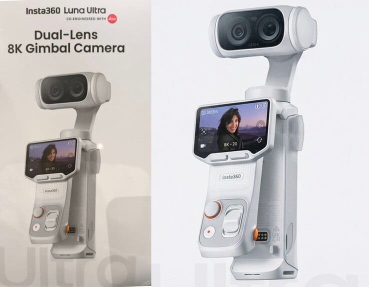 Caixa de varejo original da Insta360 Luna Ultra (esquerda) vs. imagem em close-up aprimorada por IA (direita).