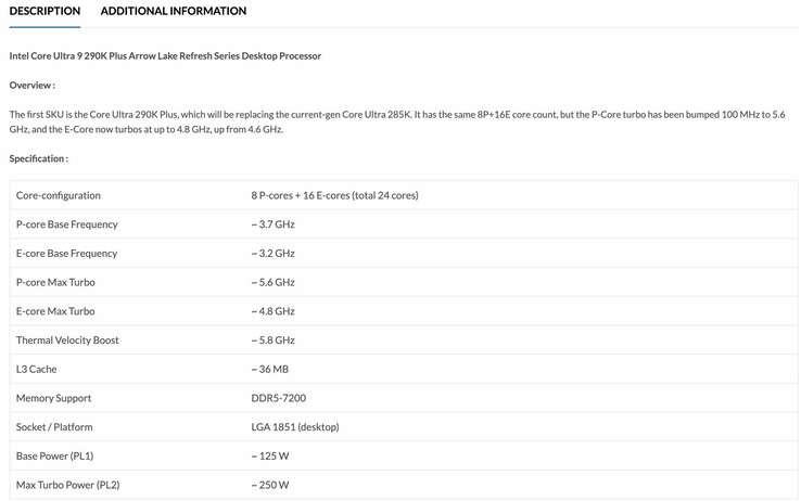 A listagem de produtos vazada anteriormente para a CPU Core Ultra 9 290K Plus indicava clocks de aumento mais altos.