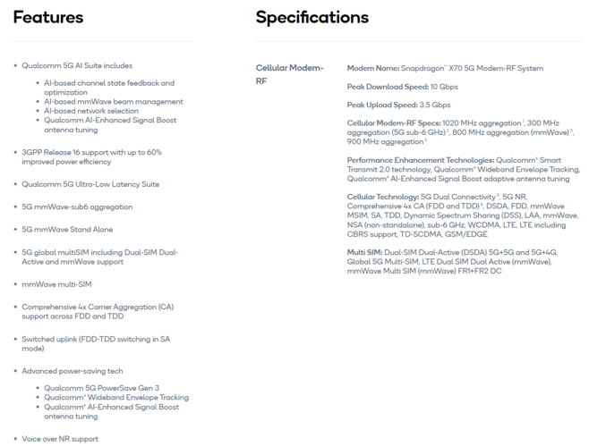 Modem Snapdragon X70 5G da Qualcomm - Especificações. (Fonte: Qualcomm)