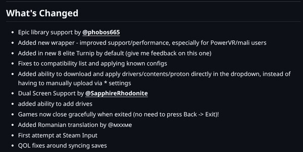 Uma captura de tela mostrando o registro de alterações da versão 0.7.1 do GameNative.