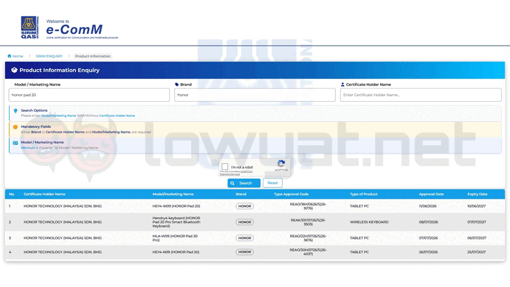 Os tablets da série Honor Pad 20 recebem a certificação SIRIM.