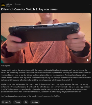Problema de desprendimento dos Joy-Cons do Killswitch Switch 2 (Fonte da imagem: captura de tela, dbrand subreddit)