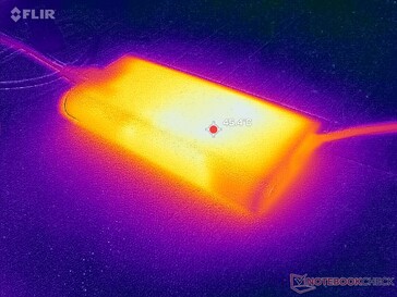 O adaptador CA atinge mais de 45 °C ao operar cargas exigentes