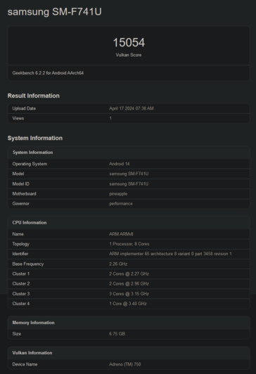 Galaxy Pontuação Vulkan do Z Flip6 (imagem via Geekbench)