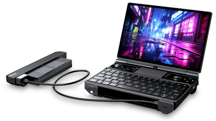 O GPD Win Max 3 com sua bateria removível conectada por meio de um cabo de extensão.