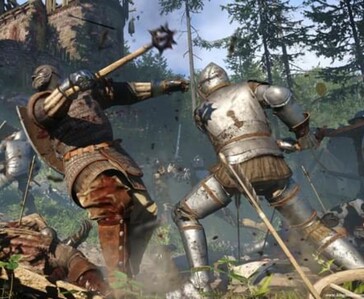 Combate corpo a corpo em close-up em Kingdom Come: Deliverance com dois cavaleiros de armadura lutando com armas medievais.