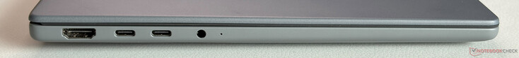 Esquerda: HDMI 2.1, 2x USB-C 4.0 (40 Gbit/s, modo DisplayPort ALT, Power Delivery), áudio de 3,5 mm