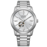Relógio automático Citizen NH9150-52A com mostrador prateado com efeito sunburst, janela de mecanismo aberto acima das 6 horas, caixa em aço inoxidável e pulseira combinando.