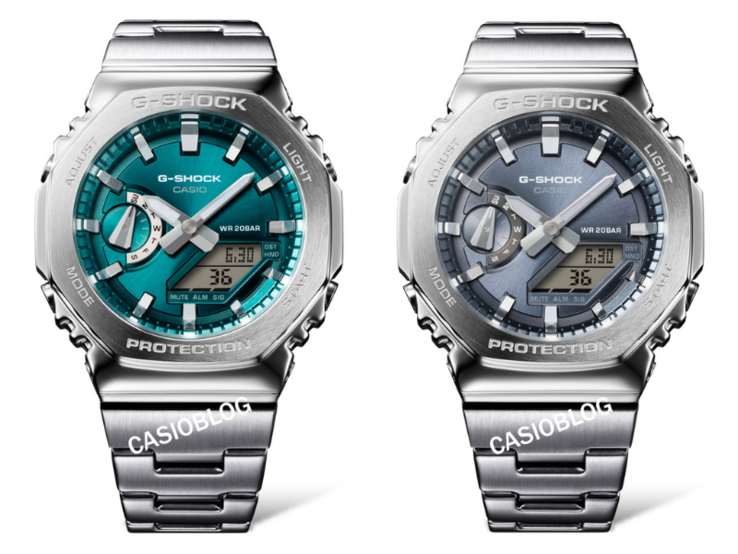 Os relógios Casio G-Shock GM-2110D-3A1 (esquerda) e GM-2110D-8A (direita). (Fonte da imagem: Casioblog, editado)
