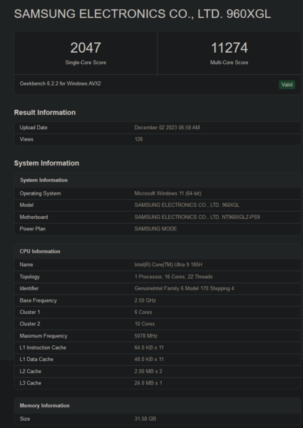 Pontuação do Intel Core Ultra 9 185H no Geekbench (imagem via Geekbench)