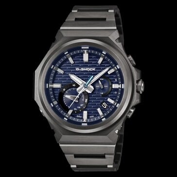 Vista frontal do G-Shock GST-B1000BD-2A com mostrador com padrão azul, caixa de aço inoxidável escura e pulseira integrada.