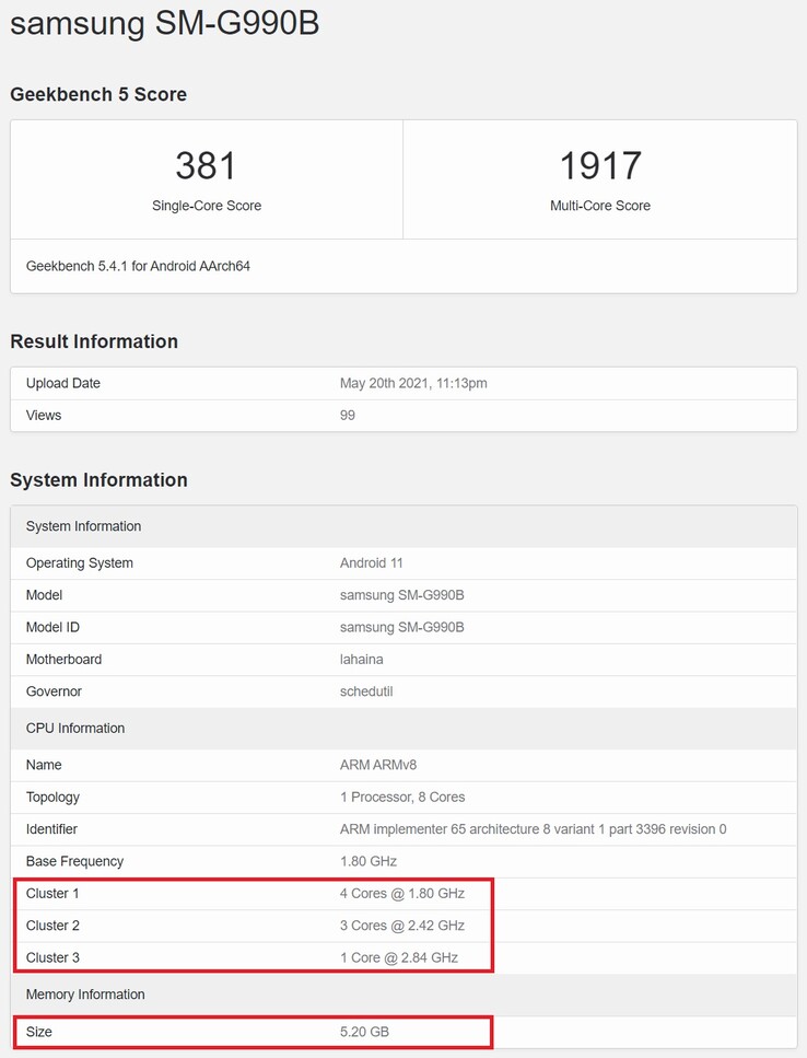 Samsung SM-G990B. (Fonte de imagem: Geekbench)