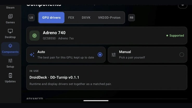 Configurações do driver de GPU do DroidDeck em um dispositivo Adreno 740. Forks experimentais independentes estão explorando o suporte a gráficos PowerVR e Mali.