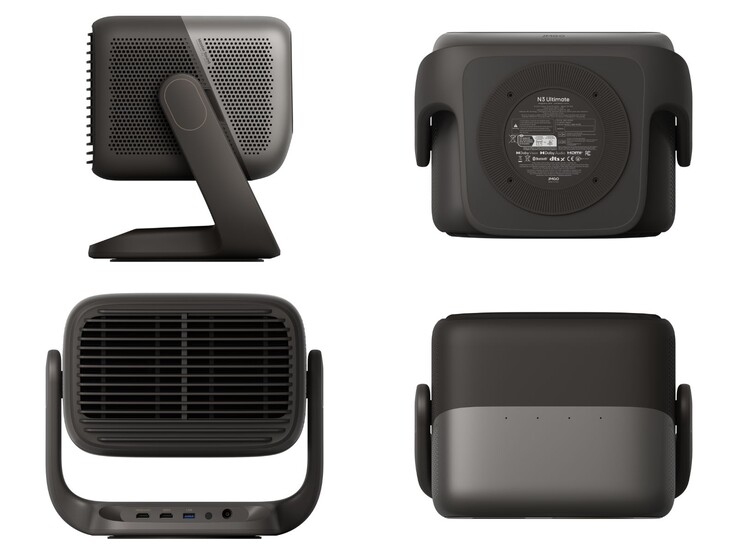 Design do projetor Jmgo N3 Ultimate mostrando portas e visualizações em vários ângulos