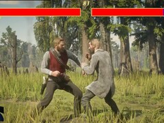 O protagonista de Red Dead Redemption 2, Arthur Morgan, lutando contra um NPC no estilo Mortal Kombat. (Fonte da imagem: Blurbs no YouTube, captura de tela)
