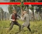O protagonista de Red Dead Redemption 2, Arthur Morgan, lutando contra um NPC no estilo Mortal Kombat. (Fonte da imagem: Blurbs no YouTube, captura de tela)