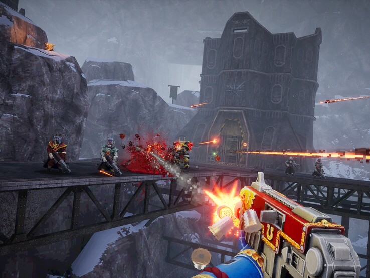 Os gráficos em pixel de Warhammer 40.000 Boltgun homenageiam os jogos de tiro dos anos 90, como "DOOM", "Wolfenstein 3D" ou "Quake". (Fonte: Steam)