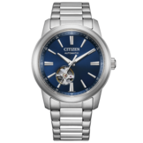 Relógio automático Citizen NH9150-52L com mostrador azul com efeito sunburst, abertura “open-heart”, pulseira de aço inoxidável e luneta polida.