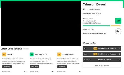 Crimson Desert Metascore mostrado no Metacritic