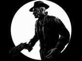 Uma foto em preto e branco, tirada de perfil, de Nick Valentine, do Fallout 4