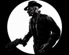 Uma foto em preto e branco, tirada de perfil, de Nick Valentine, do Fallout 4
