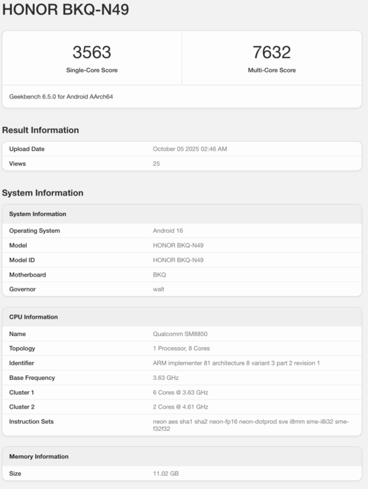 Listagem do Geekbench do Honor Magic 8. (Fonte da imagem: Geekbench)