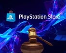 Banner sobre os processos judiciais relacionados à PlayStation Store, com um martelo de juiz em destaque
