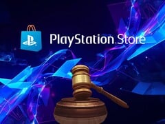 Banner sobre os processos judiciais relacionados à PlayStation Store, com um martelo de juiz em destaque