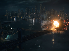 Uma captura de tela do trailer oficial de revelação do Battlefield 6 mostrando uma explosão na ponte de Manhattan (fonte da imagem: Battlefield YT)