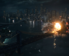 Uma captura de tela do trailer oficial de revelação do Battlefield 6 mostrando uma explosão na ponte de Manhattan (fonte da imagem: Battlefield YT)