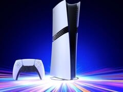 O console Sony PlayStation 5 Pro em um suporte vertical com um controle DualSense