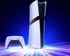 O console Sony PlayStation 5 Pro em um suporte vertical com um controle DualSense