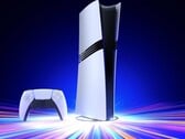 O console Sony PlayStation 5 Pro em um suporte vertical com um controle DualSense