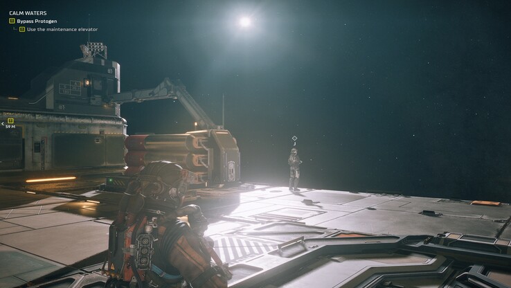 O exterior da estação coloca o senhor em espaço aberto ao lado do seu gêmeo, com objetivos que o guiam pelo casco.