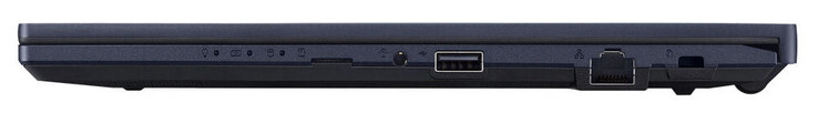 Lado direito: leitor de cartão de memória (MicroSD, opcional), combo de áudio, USB 2.0 (USB-A), Gigabit Ethernet, slot para um trava de cabo