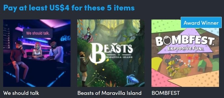 Imagem decorativa. A primeira camada contém 5 jogos e custa US$ 4 (Fonte da imagem: Humble Bundle)