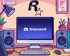Discord visto no monitor do PC abaixo do logotipo da Rockstar Games (Fonte da imagem: Discord, Rockstar Games com edições)