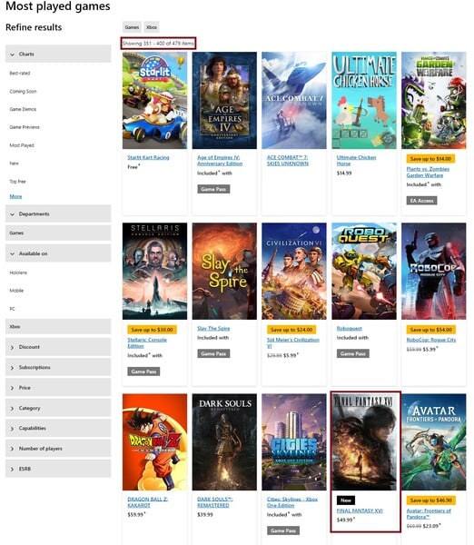 Jogos de Xbox mais jogados com Final Fantasy 16 (Fonte da imagem: captura de tela, Microsoft)