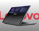 O protótipo do conceito Lenovo ThinkPad Rollable XD, retratado em um fundo gradiente cinza-branco e o logotipo da Lenovo. (Fonte da imagem: Lenovo - editado)